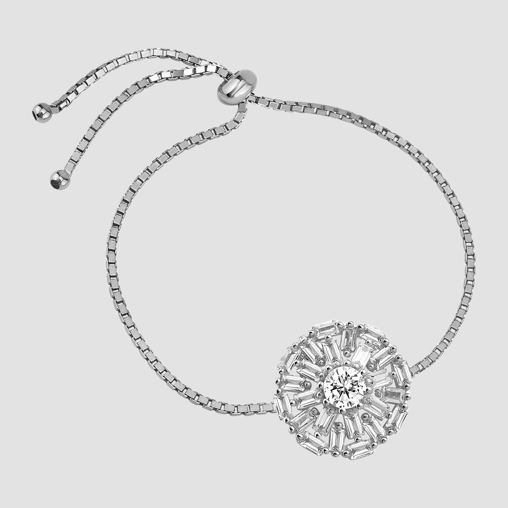 Baguette Circel Zug Armband aus 925 Silber mit Zirkonia, verstellbar mit Zugverschluss.