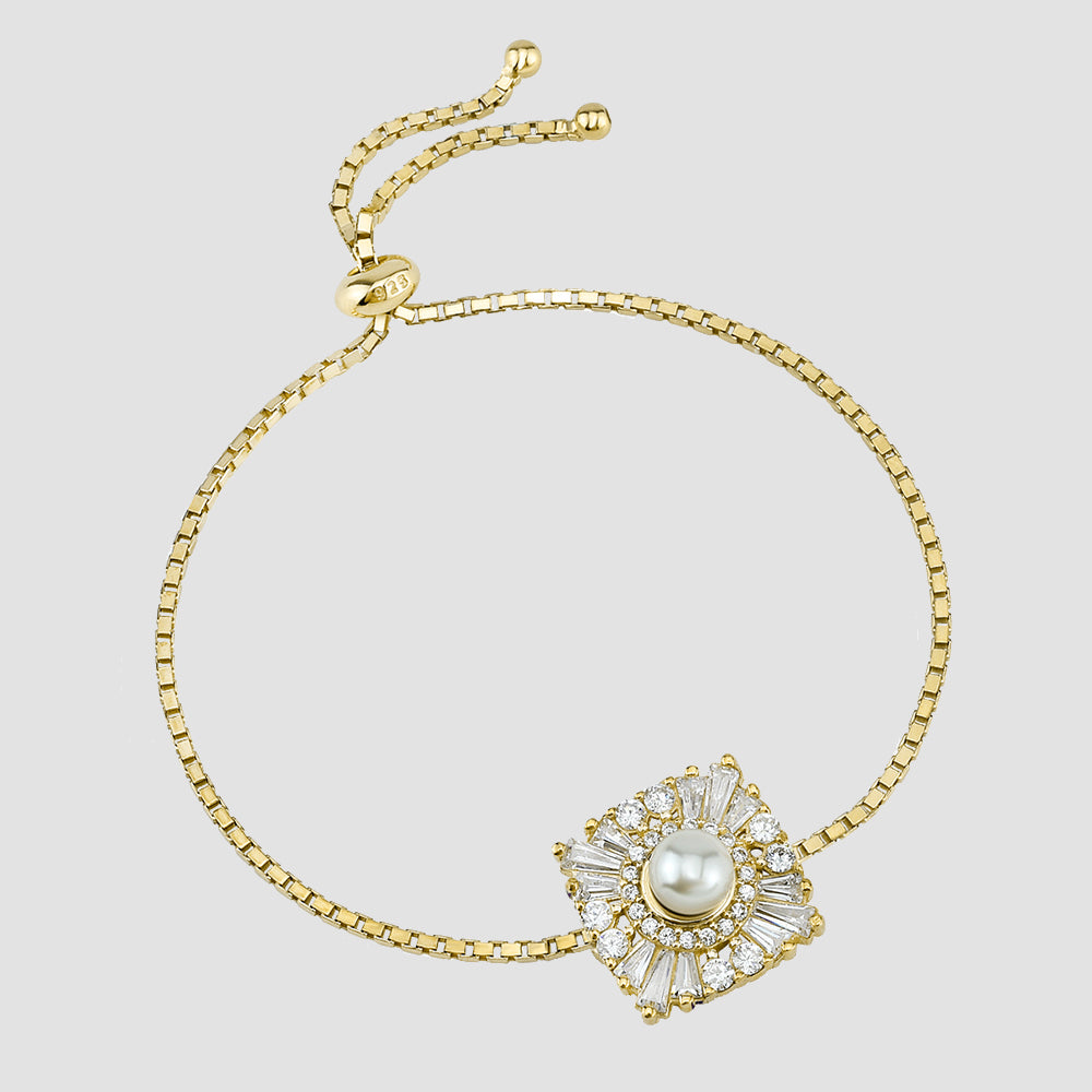 Baguette Pearl Zugarmband Gold mit Perle und weißen Zirkonia – elegantes Damenarmband, verstellbar.