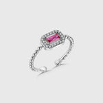 Verstellbarer Baguette Ruby Ring in Silber mit pinkem Stein und Zirkonia-Kranz von Dkeniz.