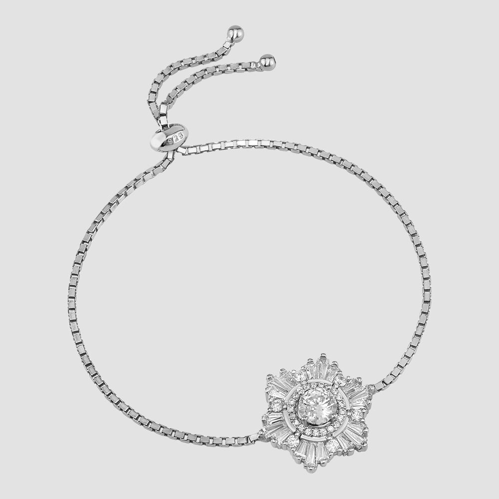 Baguette Star Zugarmband in Silber aus 925 Sterling Silber mit weißen Zirkonia, verstellbarer Zugverschluss.