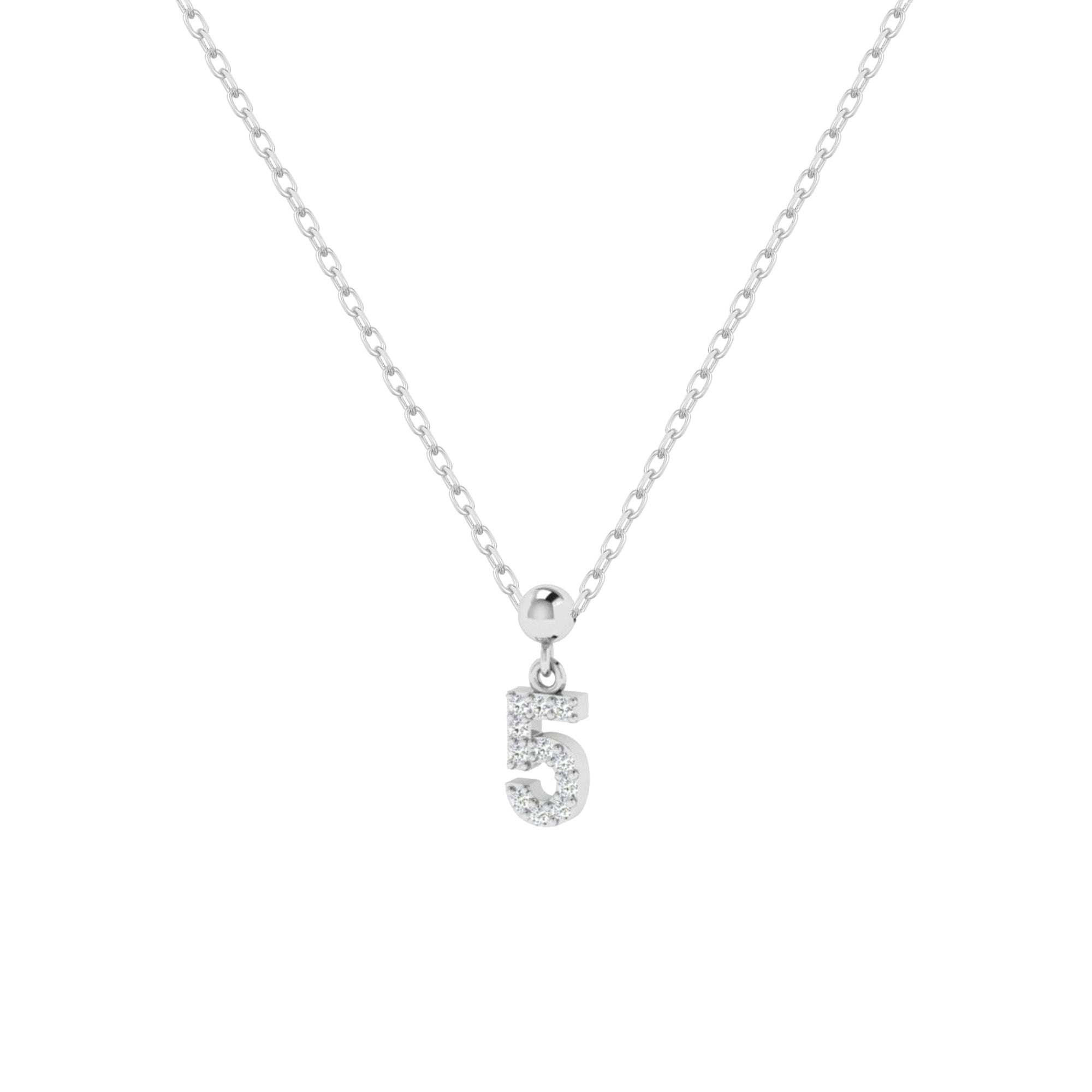 Feine Silberkette mit Charm Number 5 Anhänger in Silber mit Zirkonia.