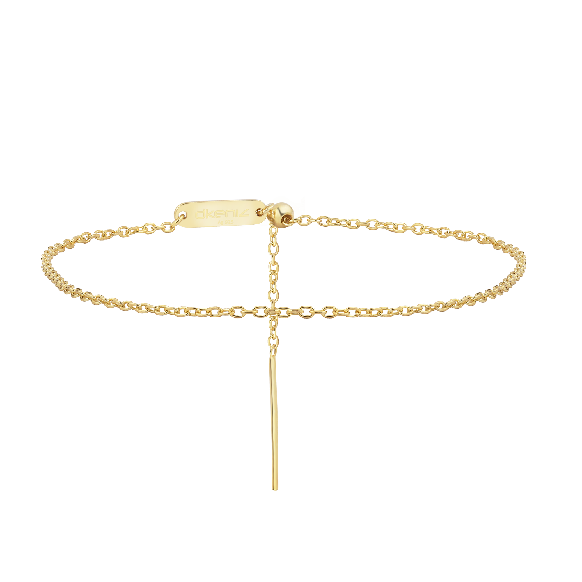 Charm Single Armband Gold im Kreis, Verlängerung mit feinem Stabanhänger nach unten.