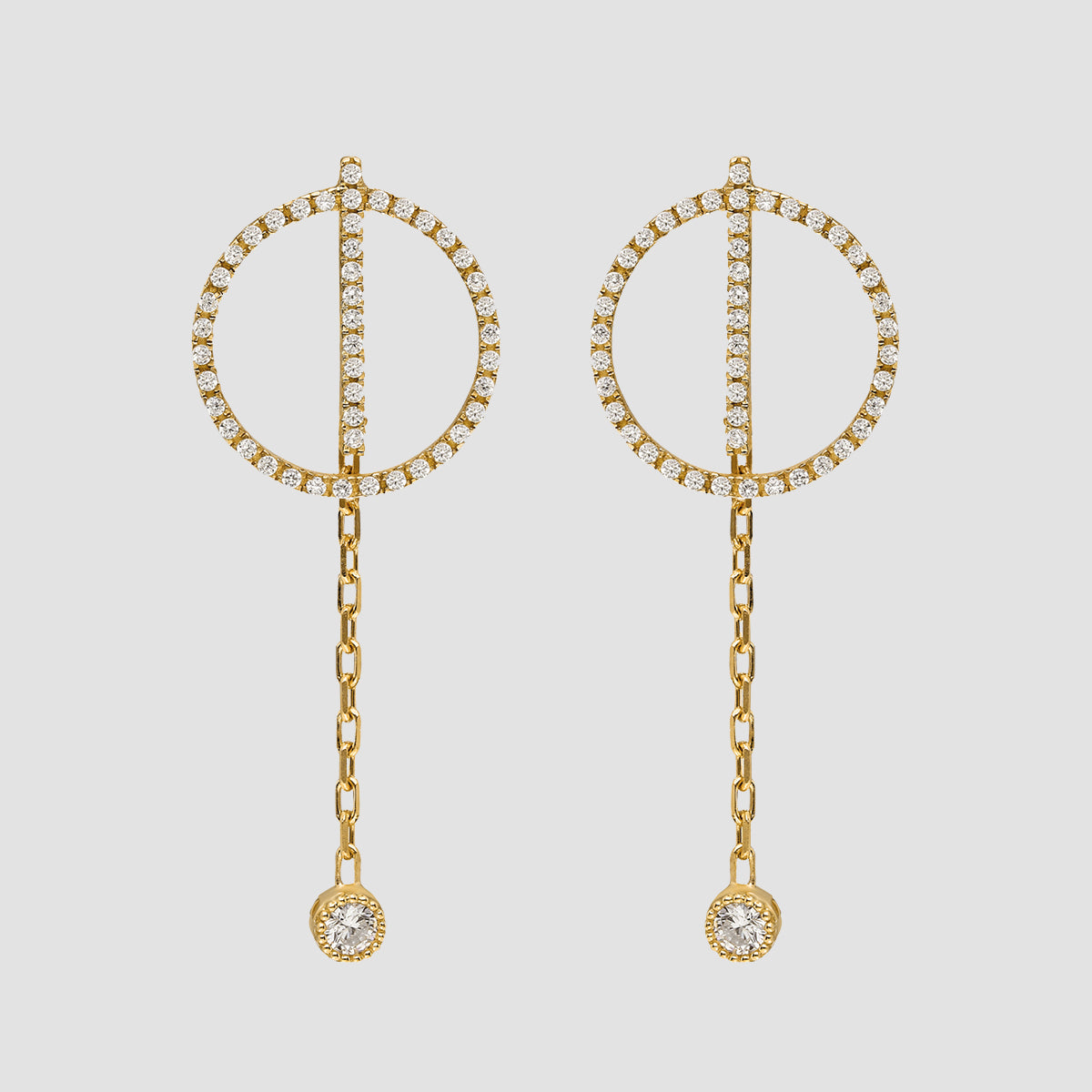 Circle Chain Ohrstecker Gold mit Zirkonia, runder Kreis mit Kette und Stein-Anhänger, Paar.