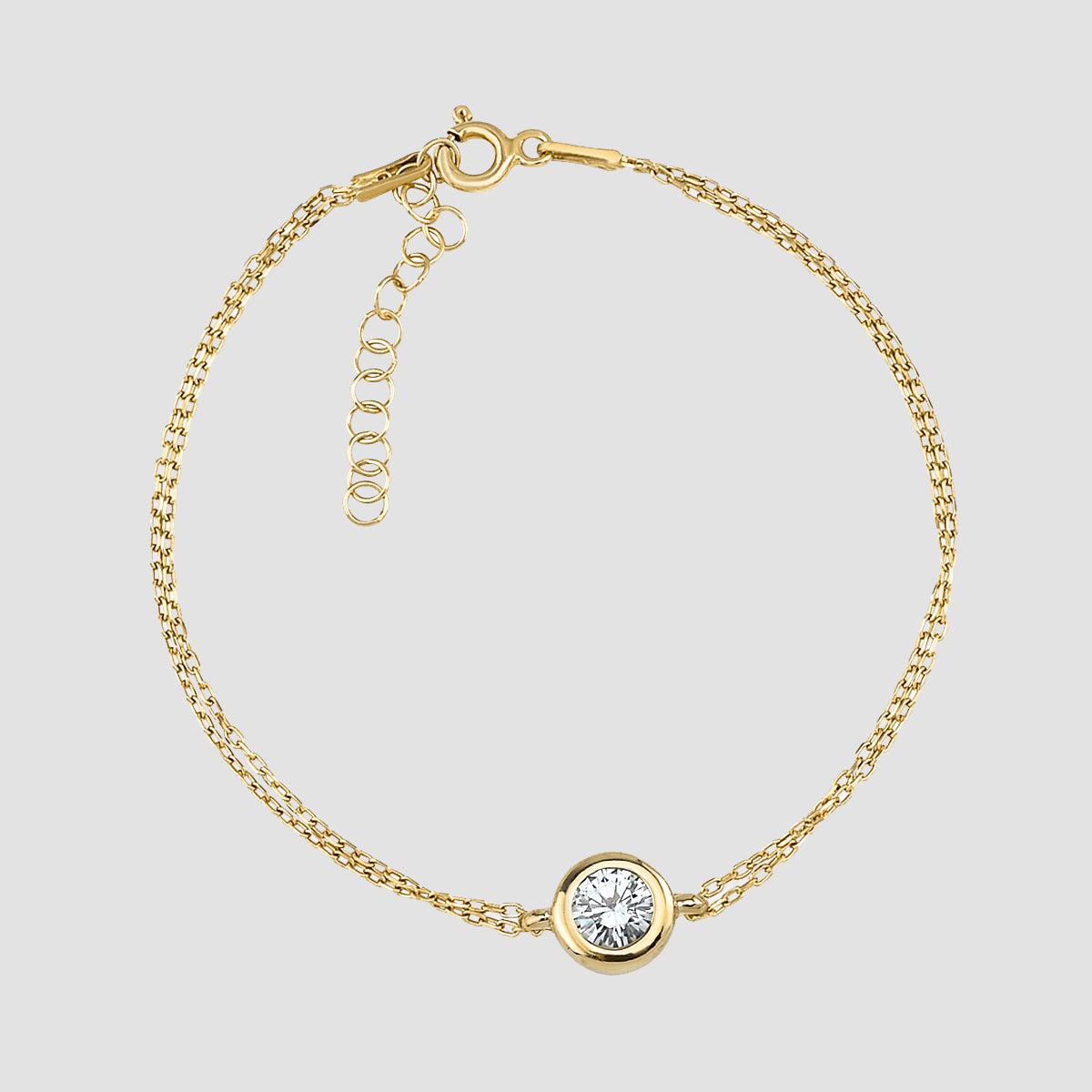 Classy Solitaire Armband Gold mit Zirkonia – 925 Silber, doppelte Kette, verstellbar.