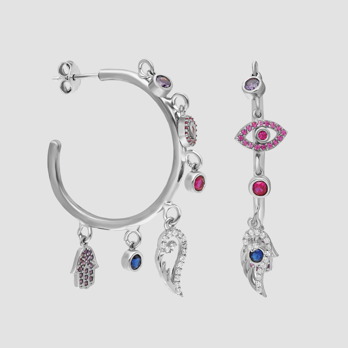 Silberne Creolen mit bunten Zirkonia und Symbol-Anhängern Auge, Hamsa und Flügel von Dkeniz.