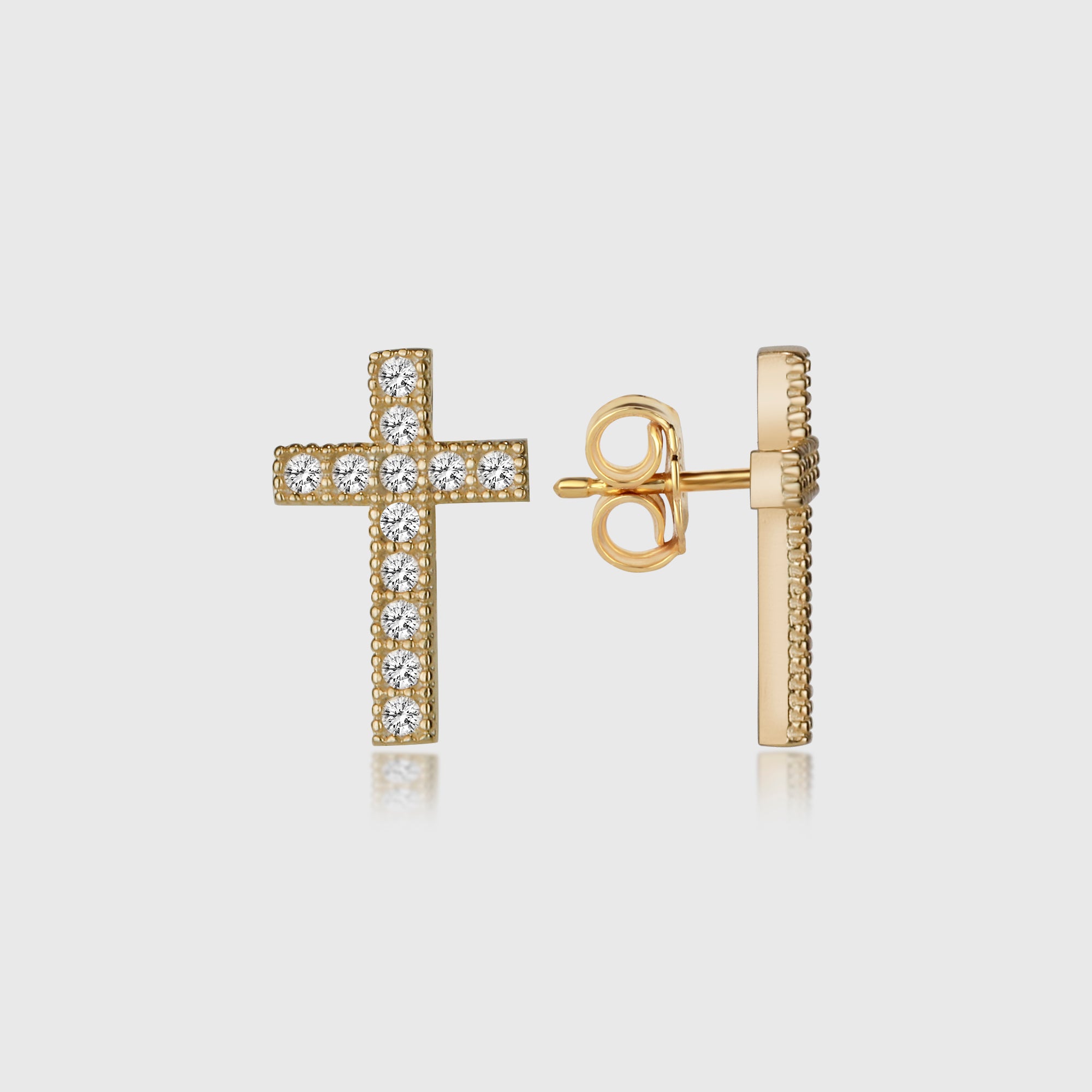 Cross Zirconia Stud Gold – Kreuz-Ohrstecker mit weißen Zirkonia, Vorder- und Seitenansicht.