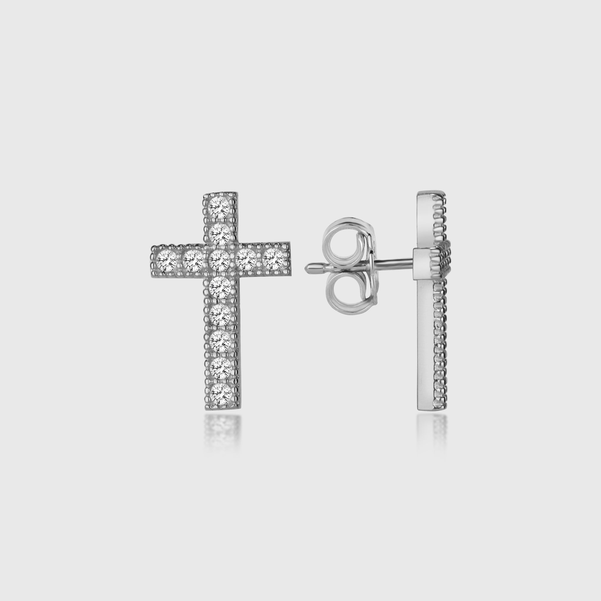 Cross Zirconia Stud Ohrringe aus 925 Silber – Kreuzdesign mit weißen Zirkonia-Steinen, rhodiniert.