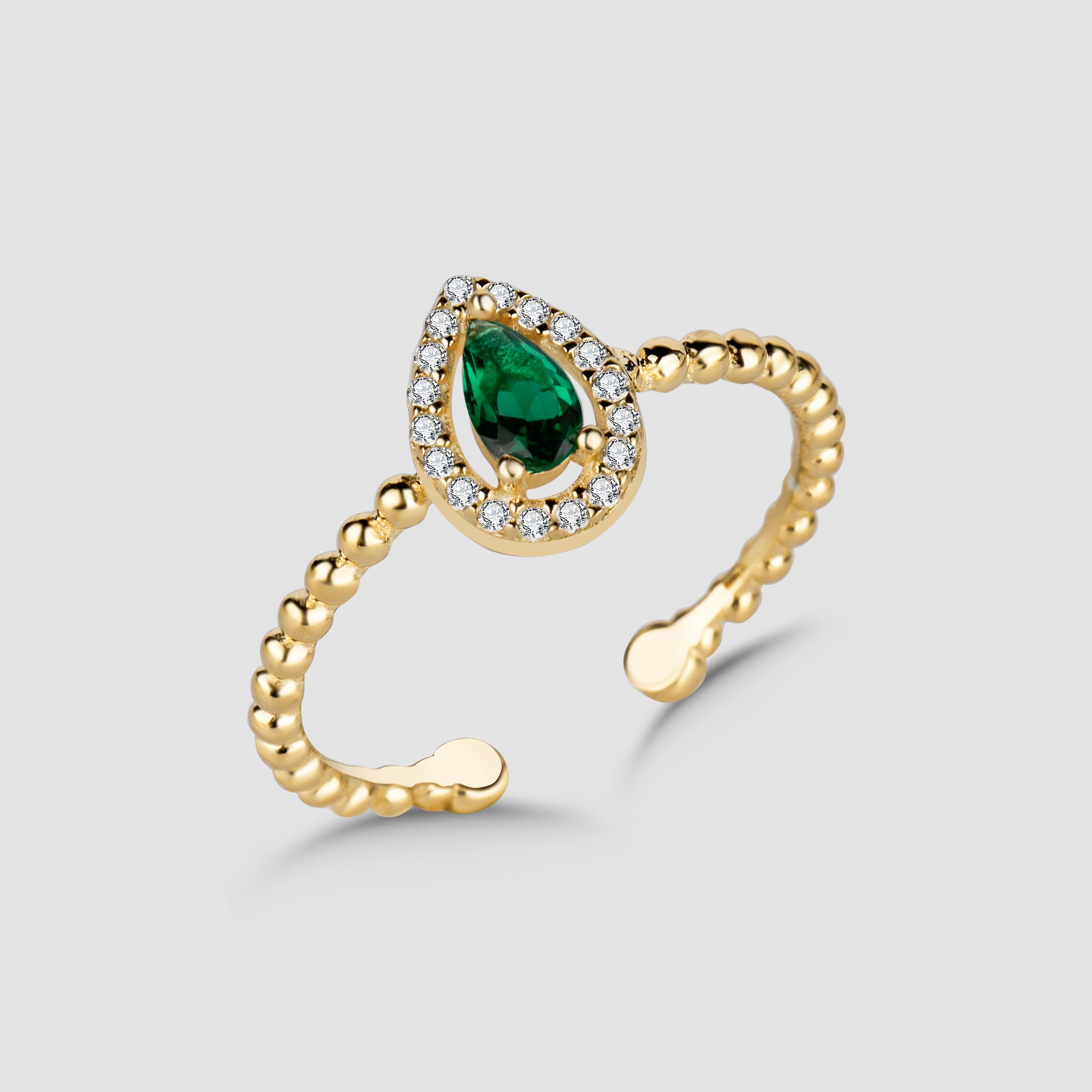 Drop Emerald Ring Shiny Wreath Gold mit grünem Tropfen-Zirkonia und weißem Stein-Kranz, verstellbar.