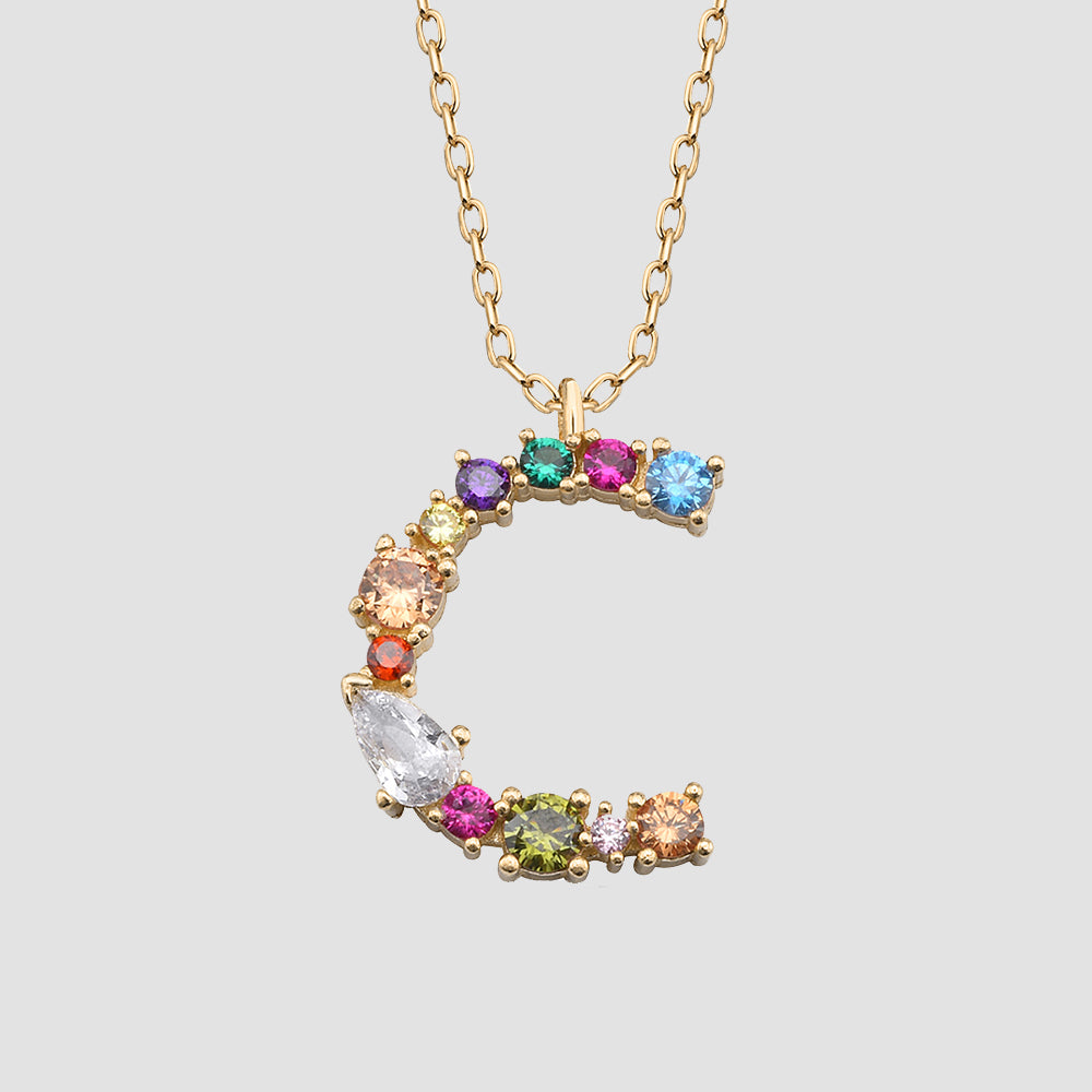 Fancy Crystals Mix Letter C Anhänger vergoldet mit Zirkonia Mix, personalisierte Buchstaben Kette 925 Silber.