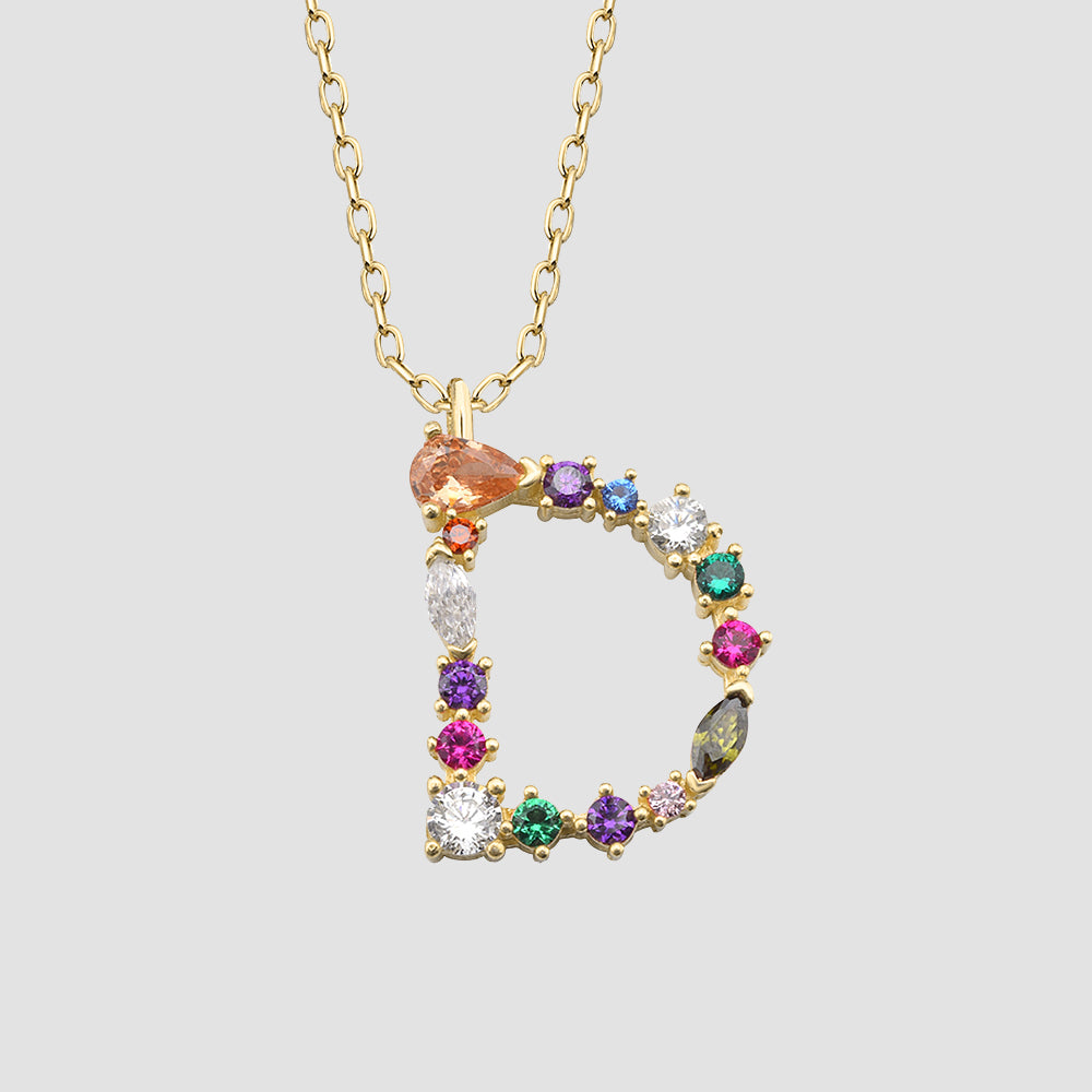 Fancy Crystals Mix Letter D Anhänger in Gold mit Zirkonia Mix, Letter Kette aus 925 Sterling Silber.
