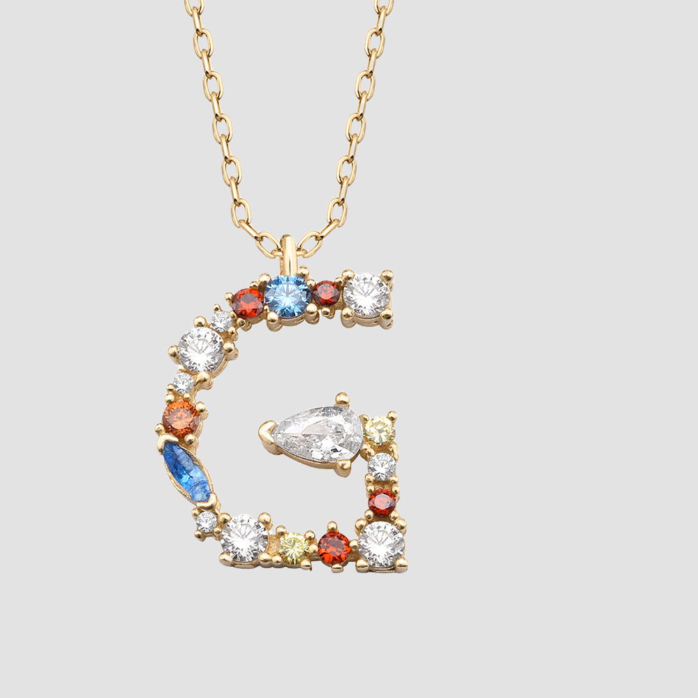 Fancy Crystals Mix Letter G Anhänger vergoldet mit Zirkonia Mix, personalisierte Buchstaben Kette 925 Silber.