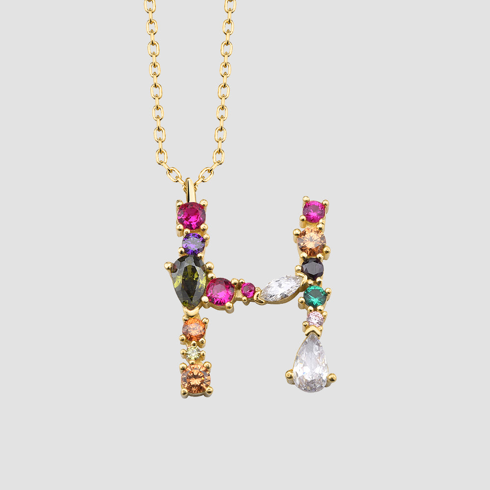 Fancy Crystals Mix Letter H Anhänger in Gold mit Zirkonia Mix, Letter Kette aus 925 Sterling Silber.