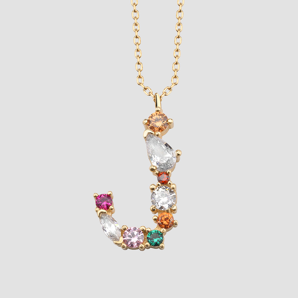 Fancy Crystals Mix Letter J Anhänger Gold mit buntem Zirkonia Mix, Buchstaben Halskette aus 925 Silber.