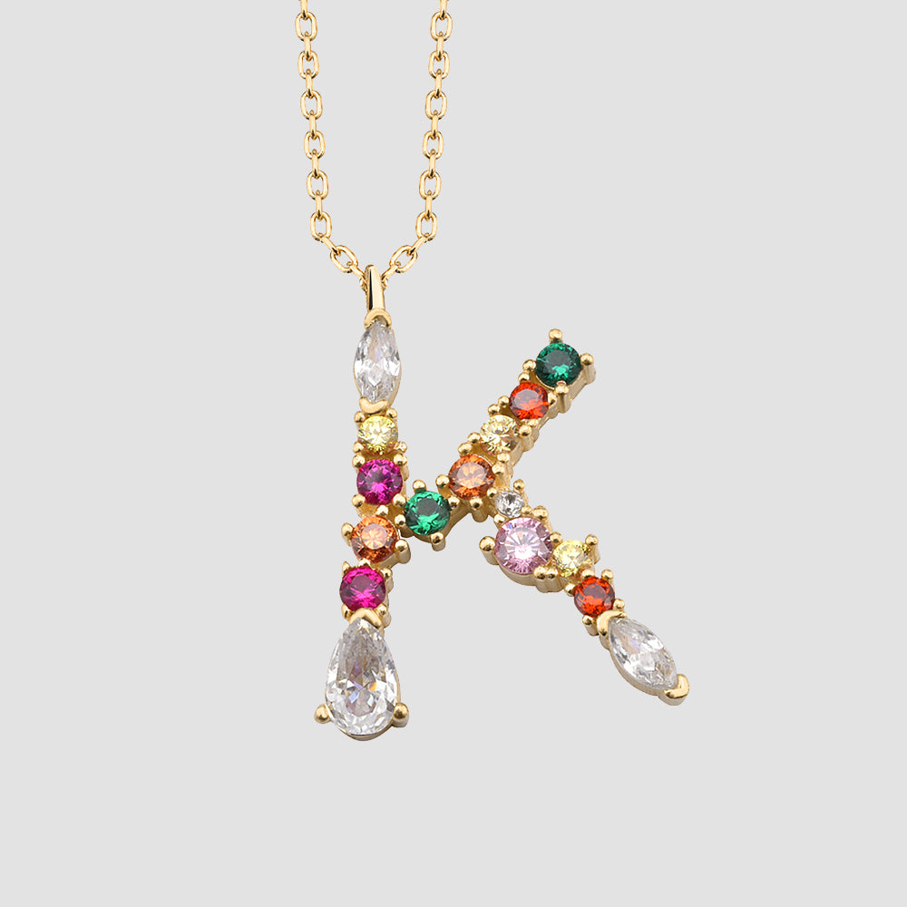 Fancy Crystals Mix Letter K Anhänger vergoldet mit Zirkonia Mix, personalisierte Buchstaben Kette 925 Silber.
