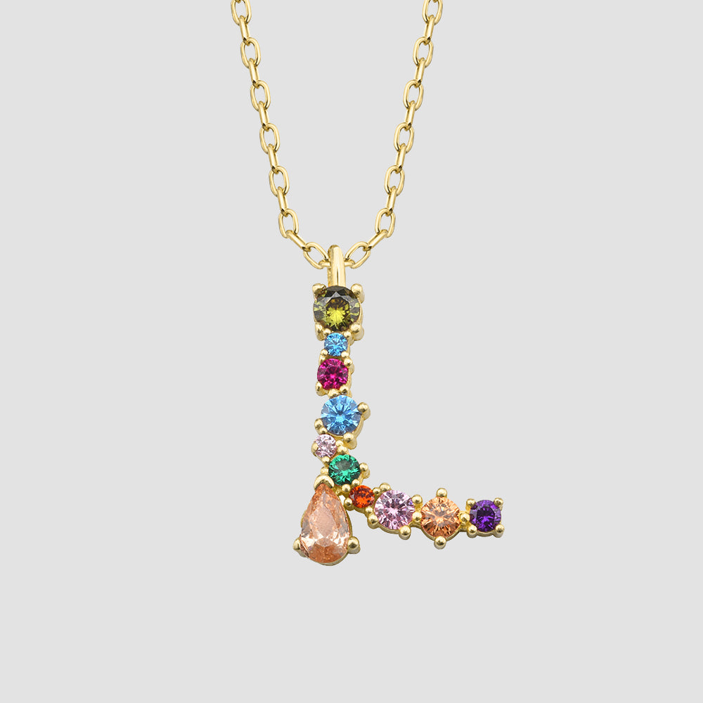 Fancy Crystals Mix Letter L Anhänger in Gold mit Zirkonia Mix, Letter Kette aus 925 Sterling Silber.