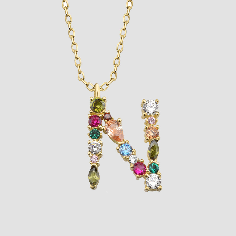 Fancy Crystals Mix Letter N Anhänger Gold mit buntem Zirkonia Mix, Buchstaben Halskette aus 925 Silber.