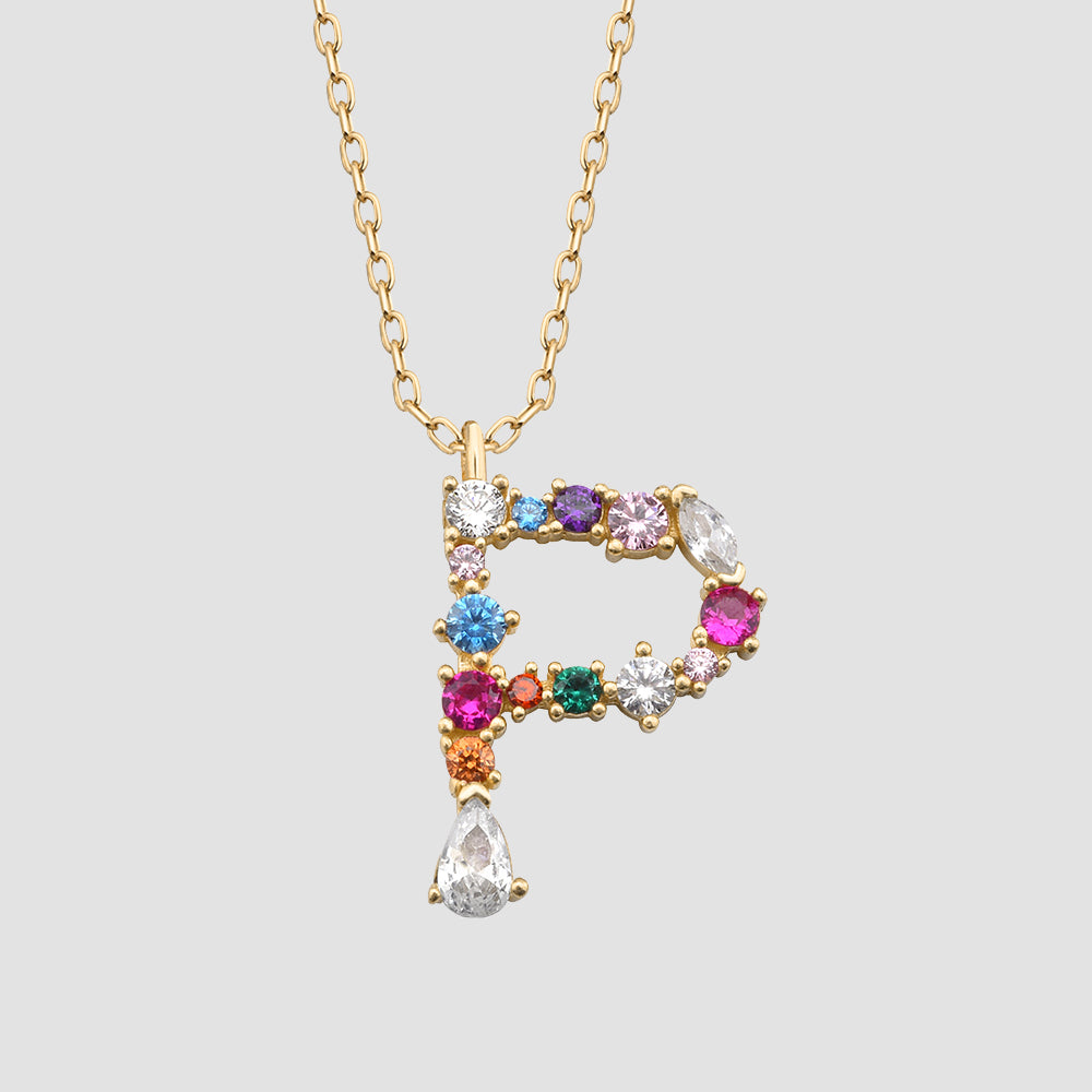 Fancy Crystals Mix Letter P Anhänger in Gold mit Zirkonia Mix, Letter Kette aus 925 Sterling Silber.