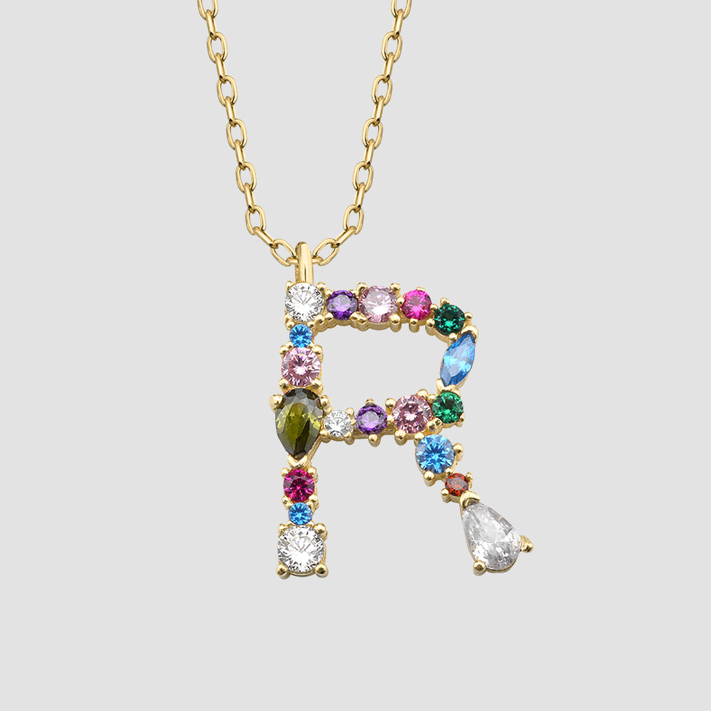 Fancy Crystals Mix Letter R Anhänger in Goldoptik mit Zirkonia Mix, Buchstaben Kette aus 925 Sterling Silber.