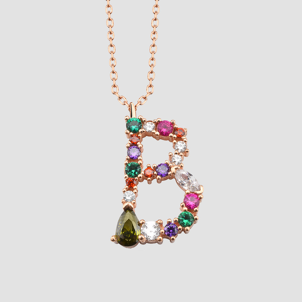 Buchstaben-Kette B rosévergoldet aus 925 Silber mit bunten Zirkonia-Steinen – Dkeniz.