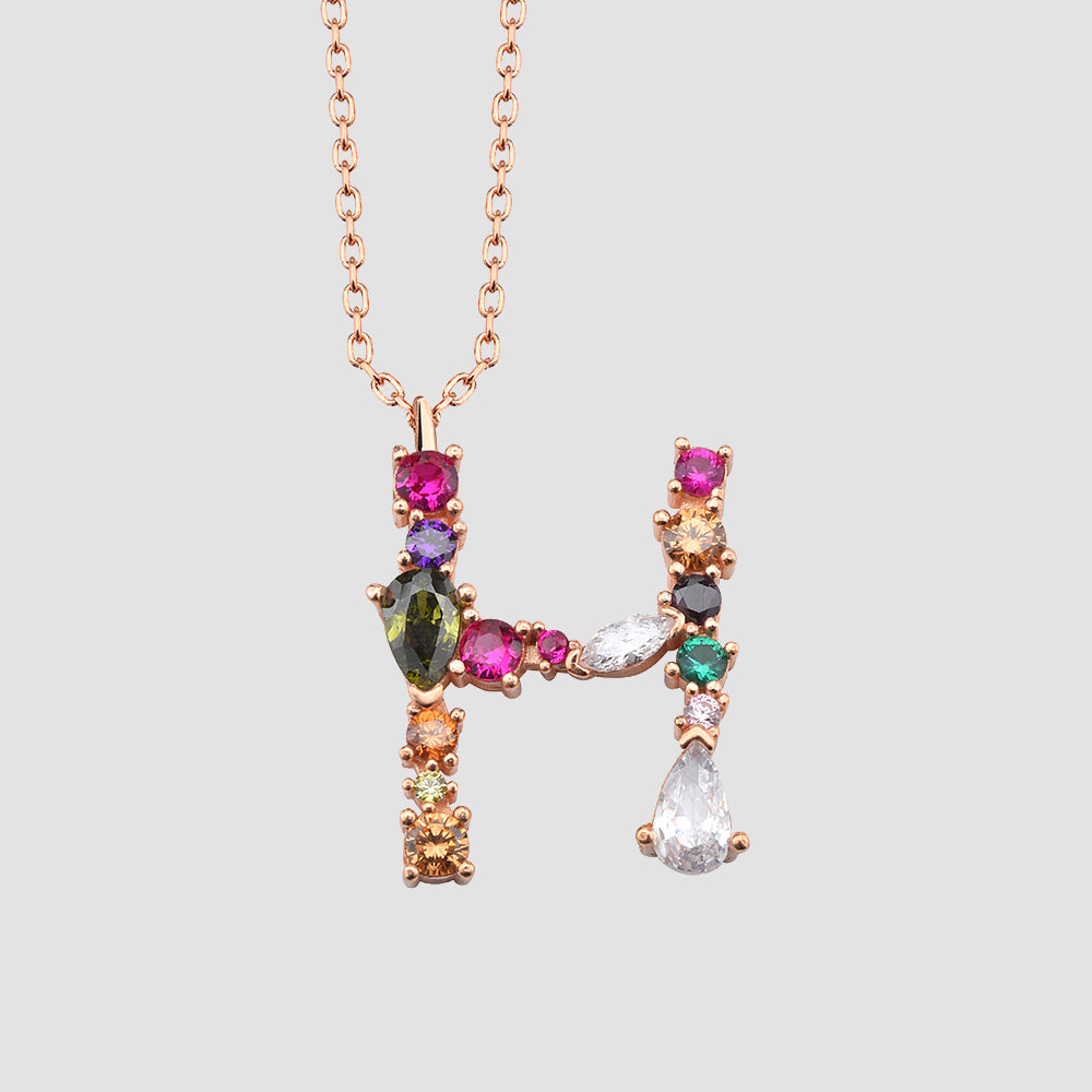 Buchstaben-Kette H rosévergoldet aus 925 Silber mit bunten Zirkonia-Steinen – Dkeniz.