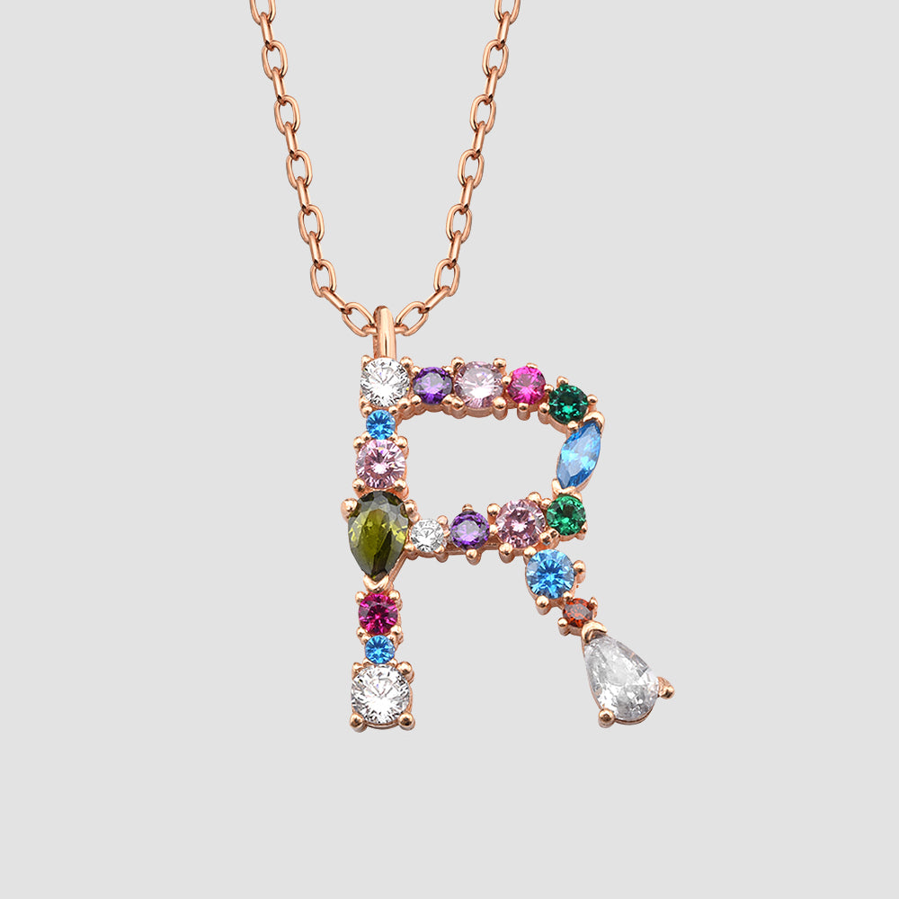 Buchstaben-Kette R in Rosé aus 925 Silber, Zirkonia Mix farbig – personalisierter Schmuck von Dkeniz.