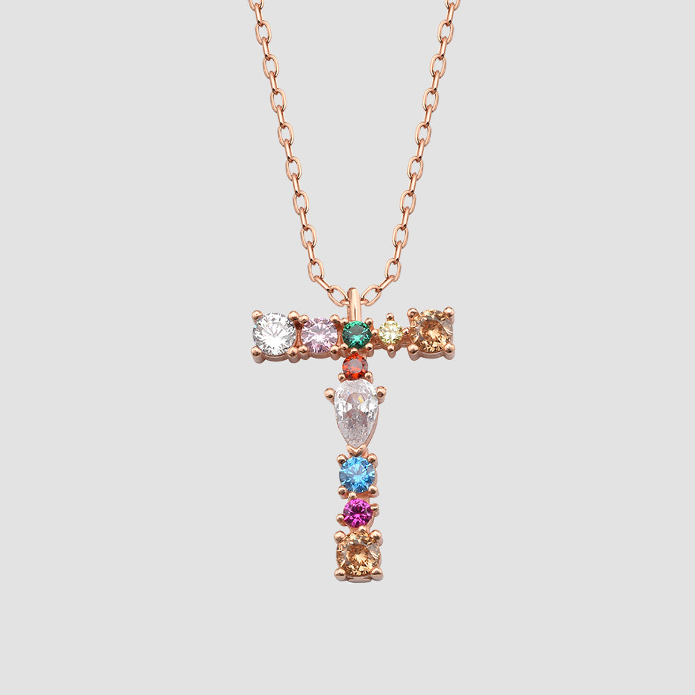 Buchstaben-Kette T in Rosé mit Zirkonia Mix – 925 Silber Letter Necklace von Dkeniz.