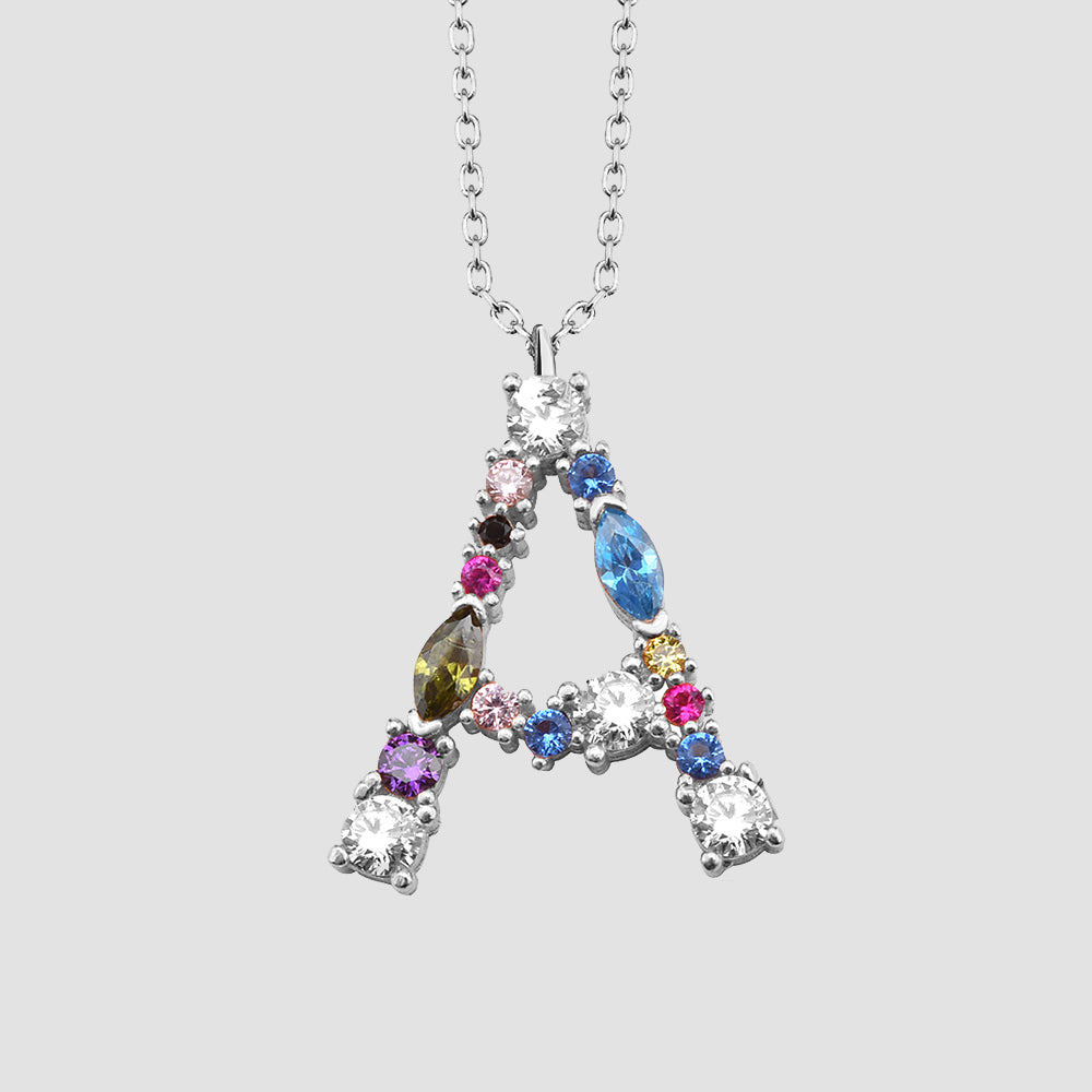 Fancy Crystals Mix Letter Kette Silber 925 – Buchstabe A mit Zirkonia-Mix Anhänger.