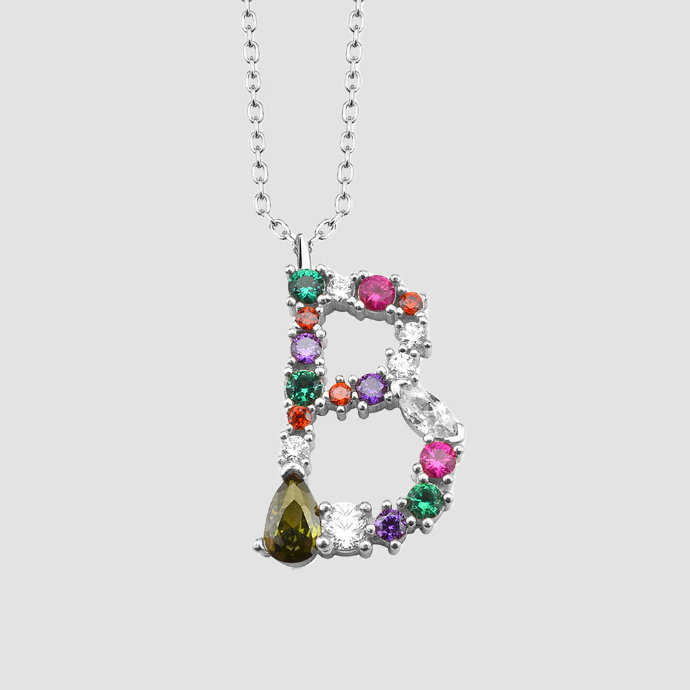 Fancy Crystals Mix Letter Kette Silber 925 – Buchstabe B Anhänger mit bunten Zirkonia-Steinen.