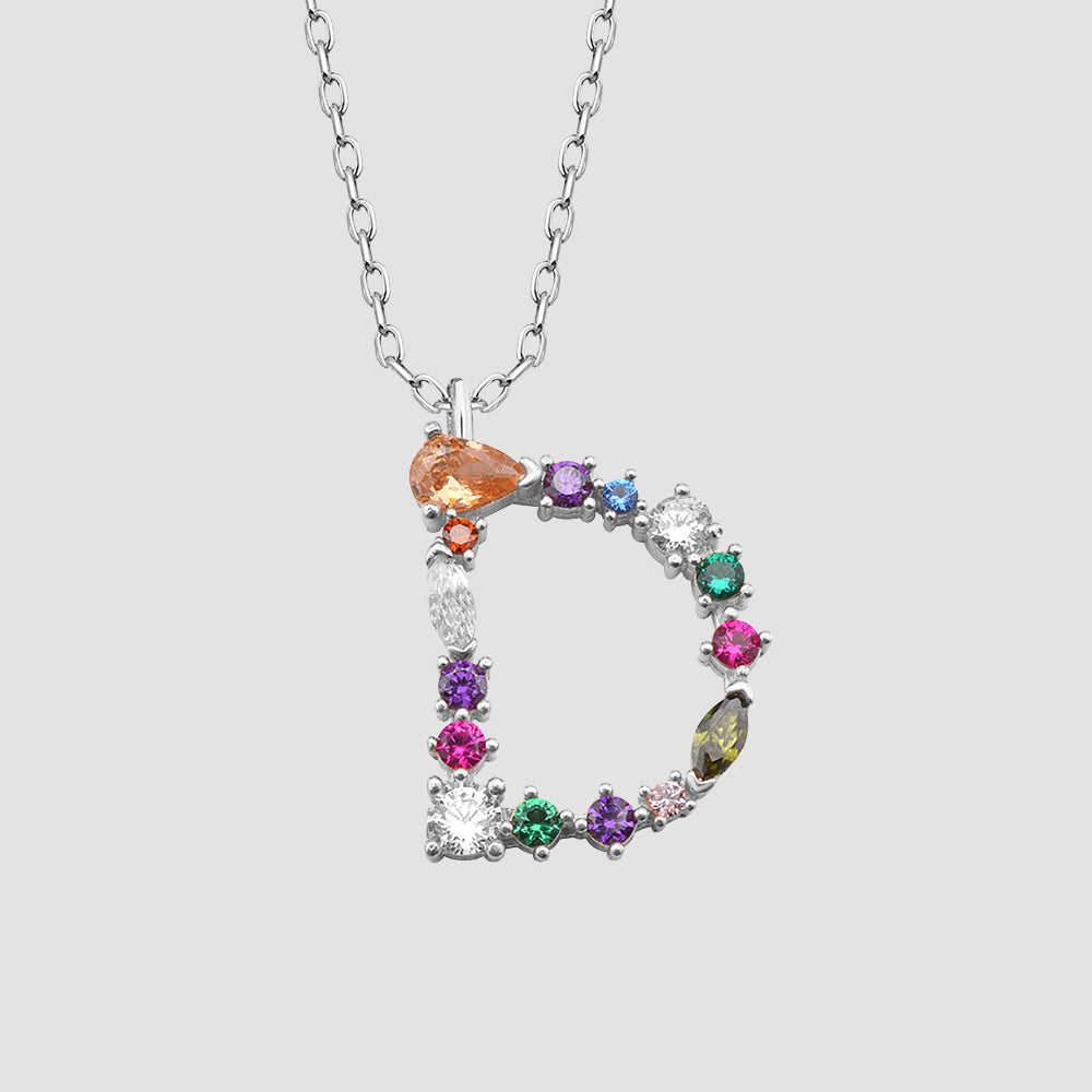 Fancy Crystals Mix Letter Halskette Silber 925 – Buchstabe D Anhänger, Zirkonia-Mix, glänzend.