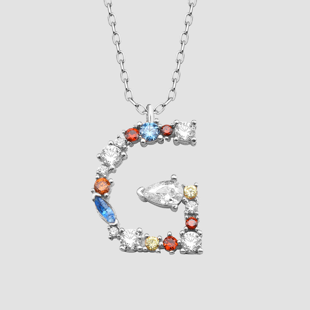 Fancy Crystals Mix Letter Kette Silber 925 – Buchstabe G mit Zirkonia-Mix Anhänger.
