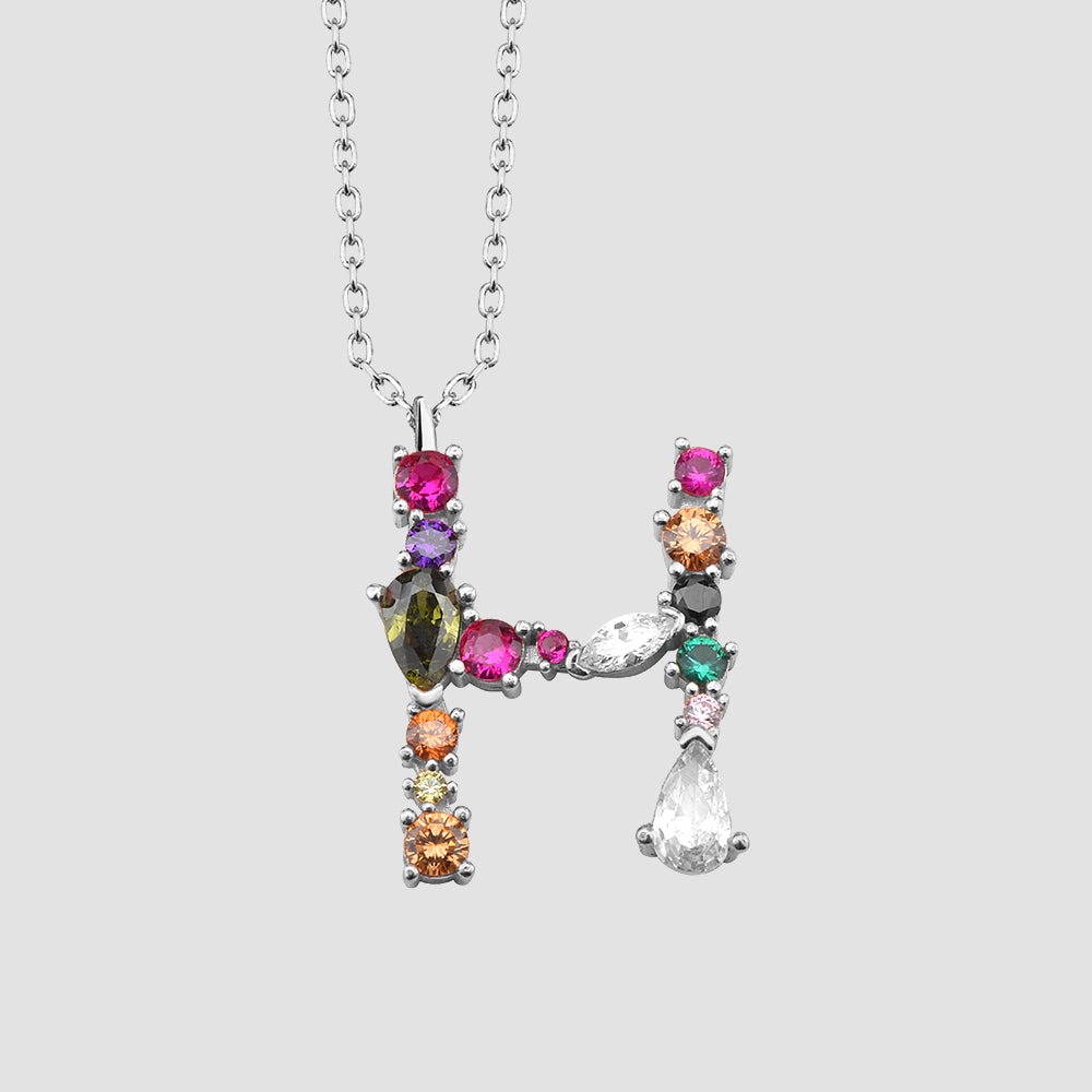 Fancy Crystals Mix Letter Kette Silber 925 – Buchstabe H Anhänger mit bunten Zirkonia-Steinen.