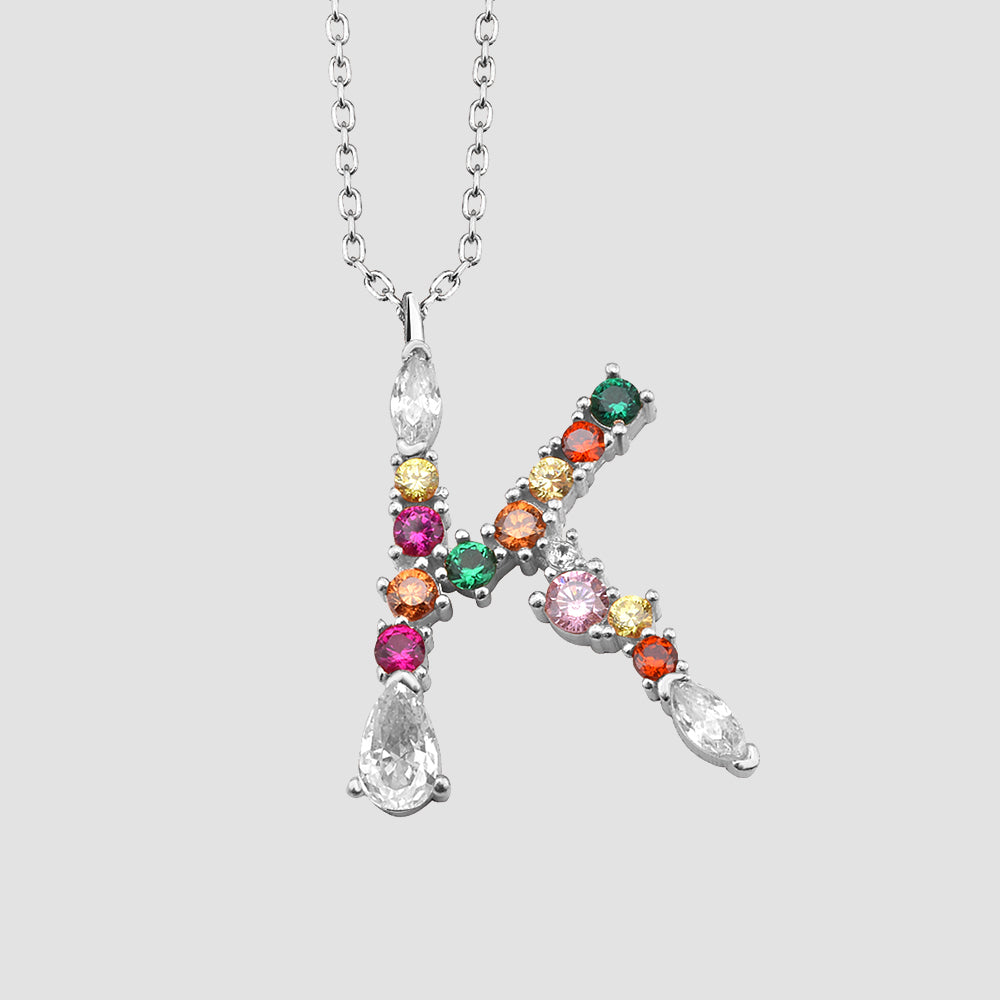 Initialen-Kette Silber 925 – Fancy Crystals Mix Letter K mit bunten Zirkonia, hochwertiger Look.