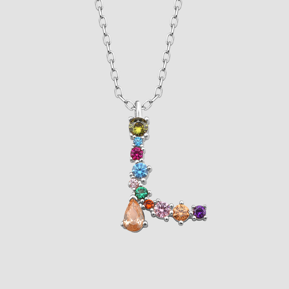 Fancy Crystals Mix Letter Kette Silber 925 – Buchstabe L Anhänger mit Zirkonia-Mix, Detailansicht.