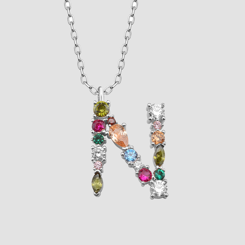 Fancy Crystals Mix Letter Kette Silber 925 – Buchstabe N Anhänger mit bunten Zirkonia-Steinen.