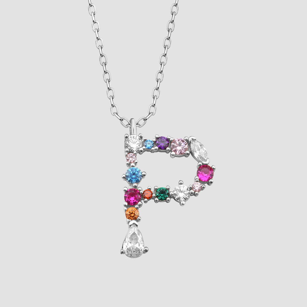 Fancy Crystals Mix Letter Halskette Silber 925 – Buchstabe P Anhänger, Zirkonia-Mix, glänzend.