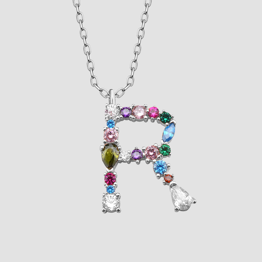 Initialen-Kette Silber 925 – Fancy Crystals Mix Letter R mit bunten Zirkonia, hochwertiger Look.