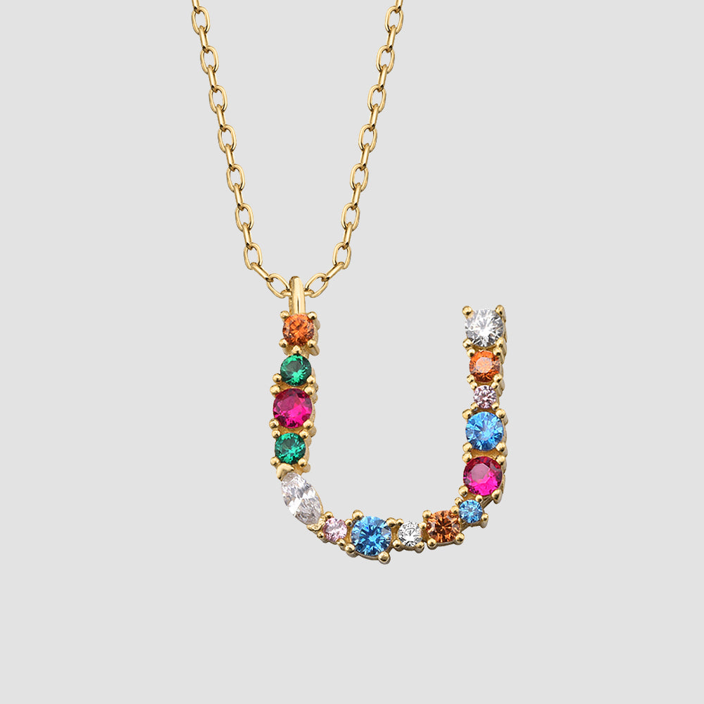 Fancy Crystals Mix Letter U Anhänger vergoldet mit Zirkonia Mix, personalisierte Buchstaben Kette 925 Silber.