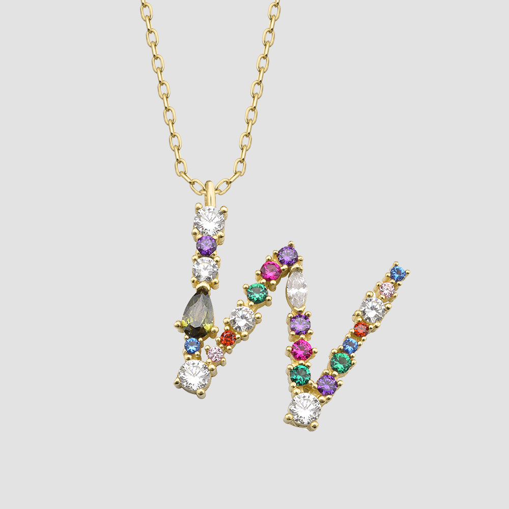 Fancy Crystals Mix Letter W Anhänger Gold mit buntem Zirkonia Mix, Buchstaben Halskette aus 925 Silber.