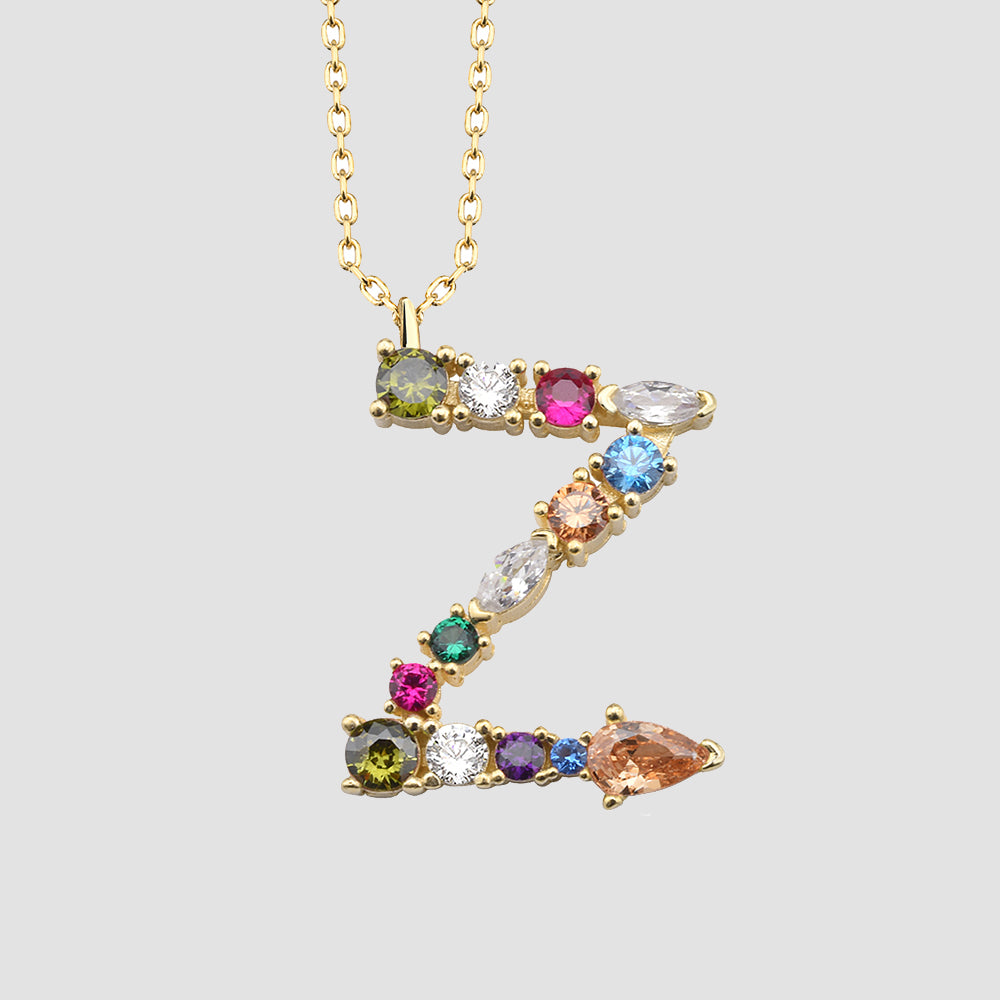 Fancy Crystals Mix Letter Z Anhänger in Goldoptik mit Zirkonia Mix, Buchstaben Kette aus 925 Sterling Silber.