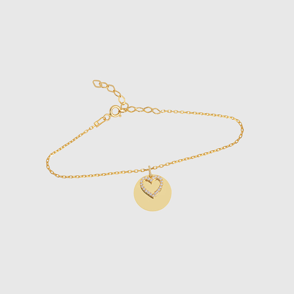 Goldenes Gravur Armband mit Mirror-Plakette und Herz-Anhänger mit Zirkonia – Damen Armkette.