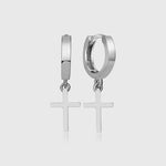 Paar High Polished Cross Hugy Creolen in Silber aus 925 Sterling Silber, glänzend, mit Kreuzanhänger.