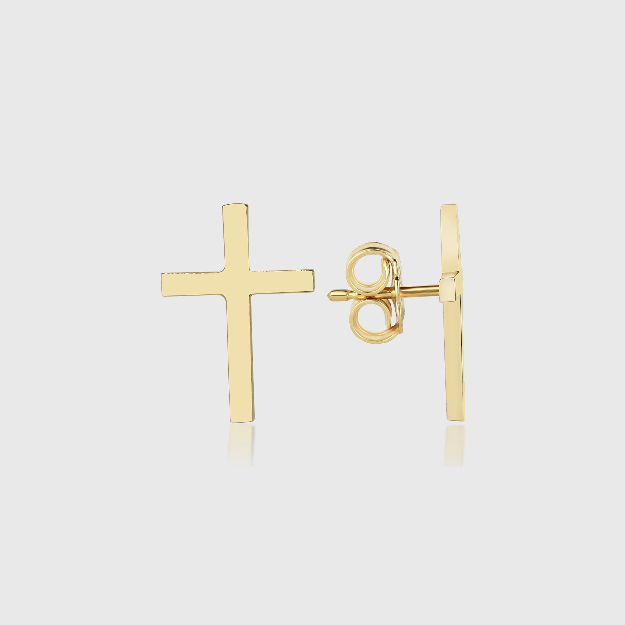 High Polished Cross Stud Gold Ohrstecker 14K vergoldet – Front- und Seitenansicht mit Schmetterlingverschluss.