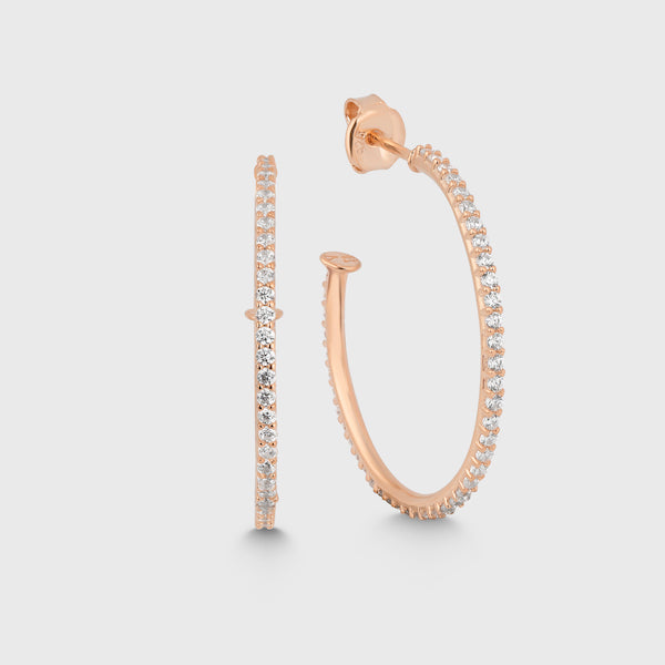 Rosévergoldete Hoop Ohrringe mit weißen Zirkonia, Größe L, Freisteller.