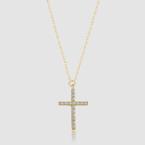 Kreuz Zirkonia Kette Gold – funkelndes Kreuz aus 925 Silber 14K vergoldet auf neutralem Hintergrund.
