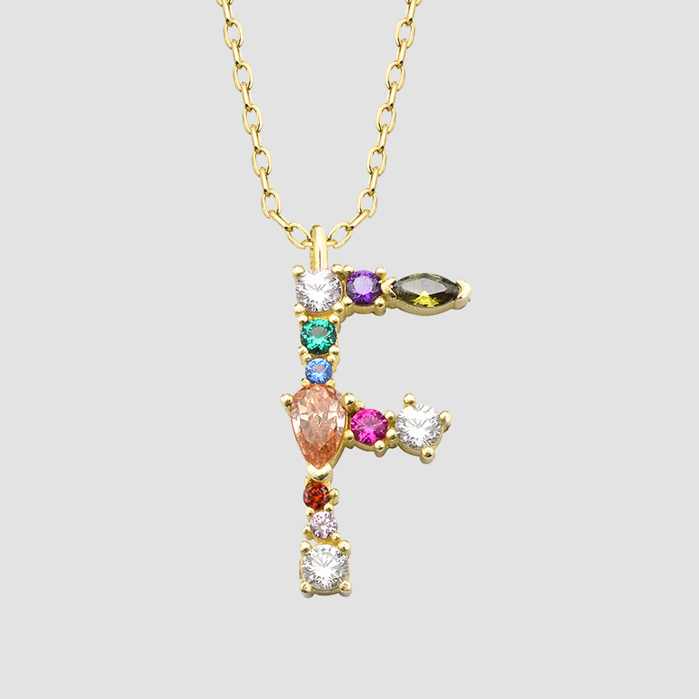 Fancy Crystals Mix Letter F Anhänger Gold mit buntem Zirkonia Mix, Buchstaben Halskette aus 925 Silber.