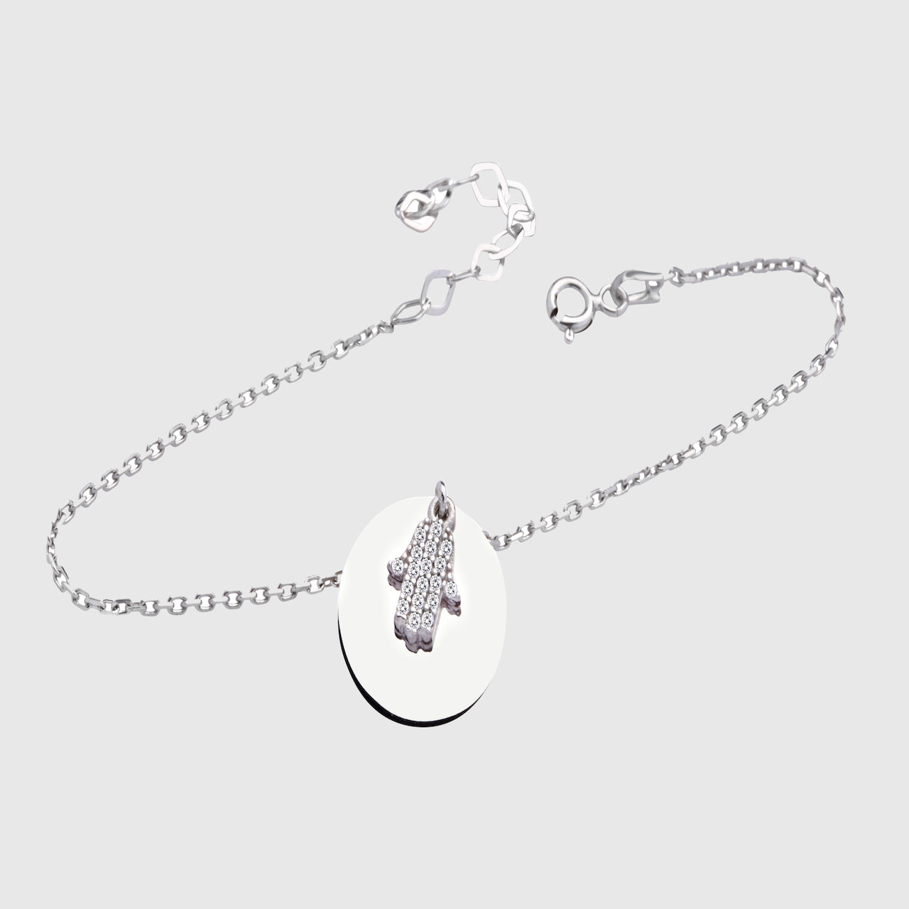 Mirror Fatima Gravur Armkette Silber mit Zirkonia, ovale Spiegelplatte an feiner Kette.