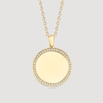 Mirror Gravur Kette Gold mit Zirkonia-Rand, runder Coin Anhänger aus 925 Silber vergoldet.