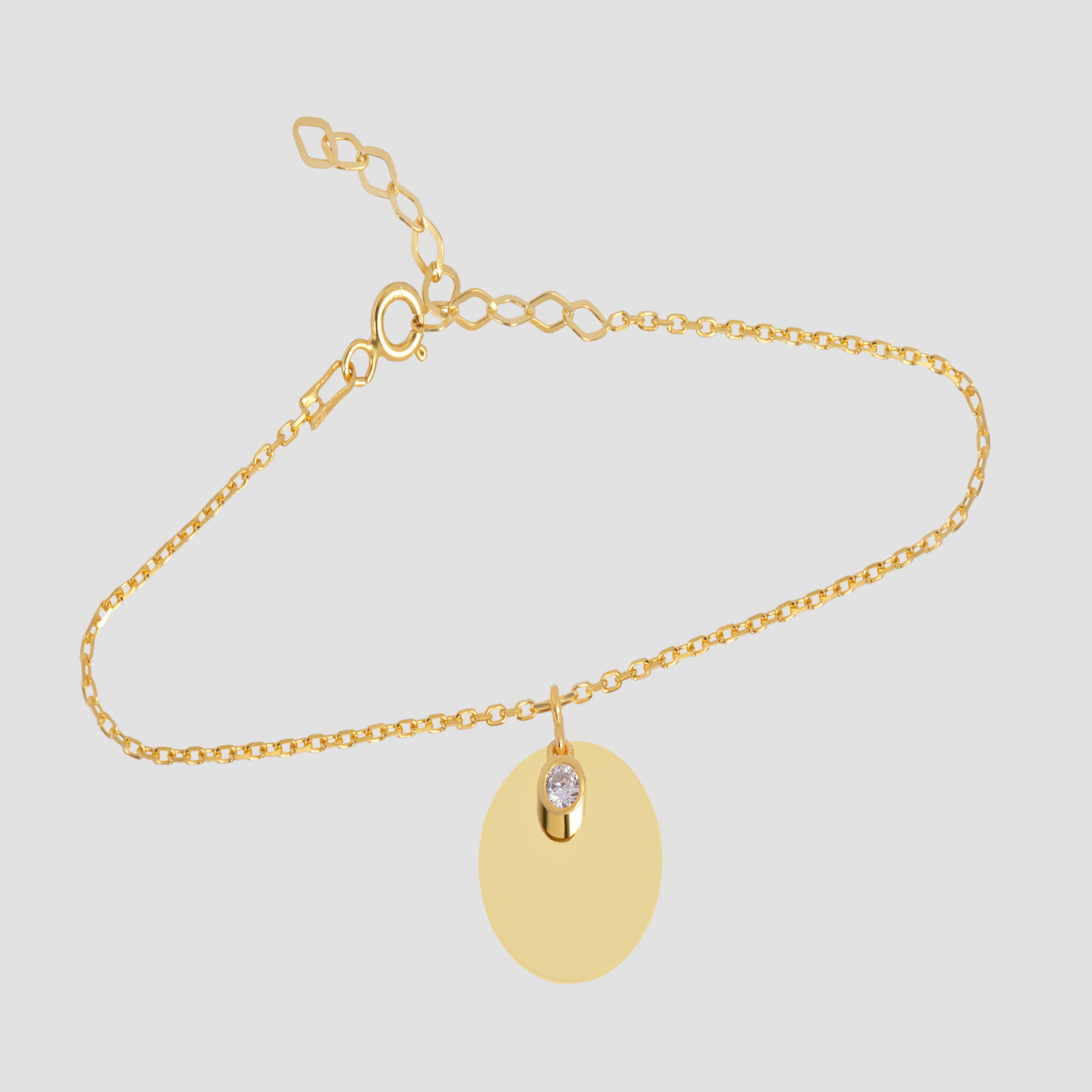 Mirror Solitaire Gravur Armkette Gold mit ovalem Spiegel-Anhänger und Zirkonia, 925 Silber 18K vergoldet.