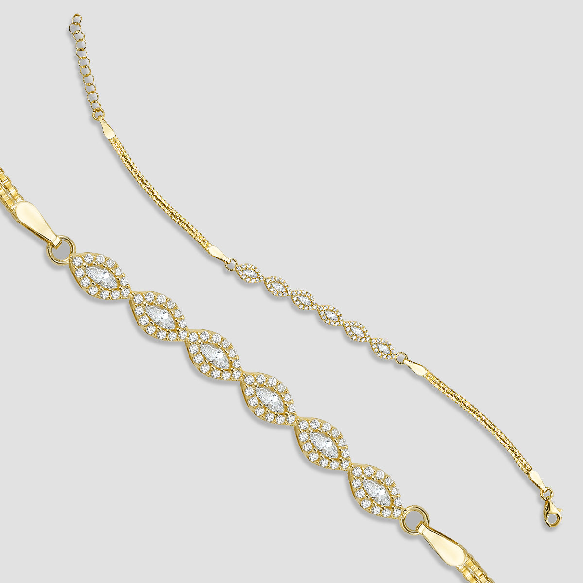 Navet Zirkonia Armband Gold aus 925 Silber vergoldet mit 6 Navette-Elementen und Kristallkranz.