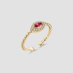 Navette Ruby Ring Shiny Wreath in Gold mit rubinrotem Stein und Zirkonia, verstellbares Kugelband.